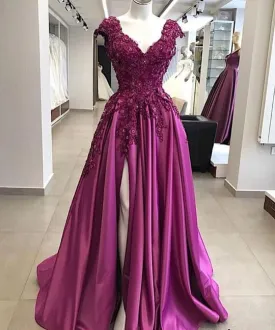 fuchsia satin prom dresses 2020 cap sleeve elegant lace applique beaded cheap prom gown robe de soiree